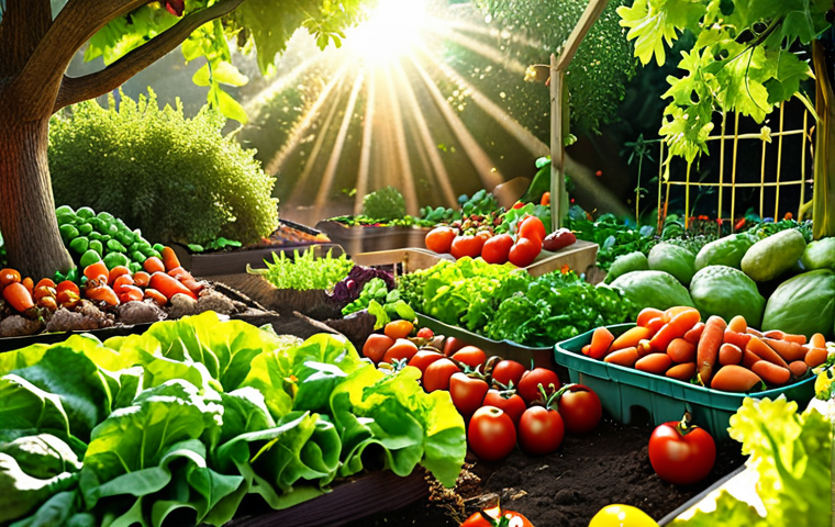 **
A vibrant vegetable garden overflowing with diverse crops like lettuce, carrots, peppers, and tomatoes, symbolizing diversification in investment. Sunlight is dappling through, highlighting the variety.
**