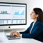 A focused professional woman, fully clothed in a modest business suit, seated calmly at a sleek, minimalist modern desk in a bright, contemporary office. She is contemplating a transparent display showing subtle, upward-trending financial charts and a digital representation of compound interest growth, symbolizing long-term financial planning and stability. The environment conveys a sense of peace and strategic foresight. Perfect anatomy, correct proportions, natural pose, well-formed hands, proper finger count, natural body proportions. Safe for work, appropriate content, fully clothed, professional, family-friendly.