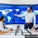 자산배분을 위한 전문가 인터뷰 - A professional financial advisor in a modern office setting, engaging with a diverse group of Spanis...